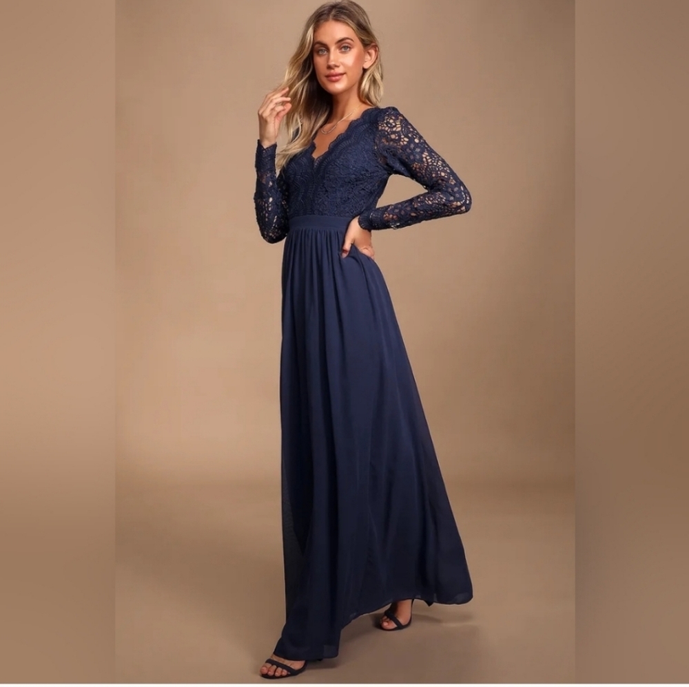 Awaken My Love Navy Blue Long Sleeve Lace Maxi Dress